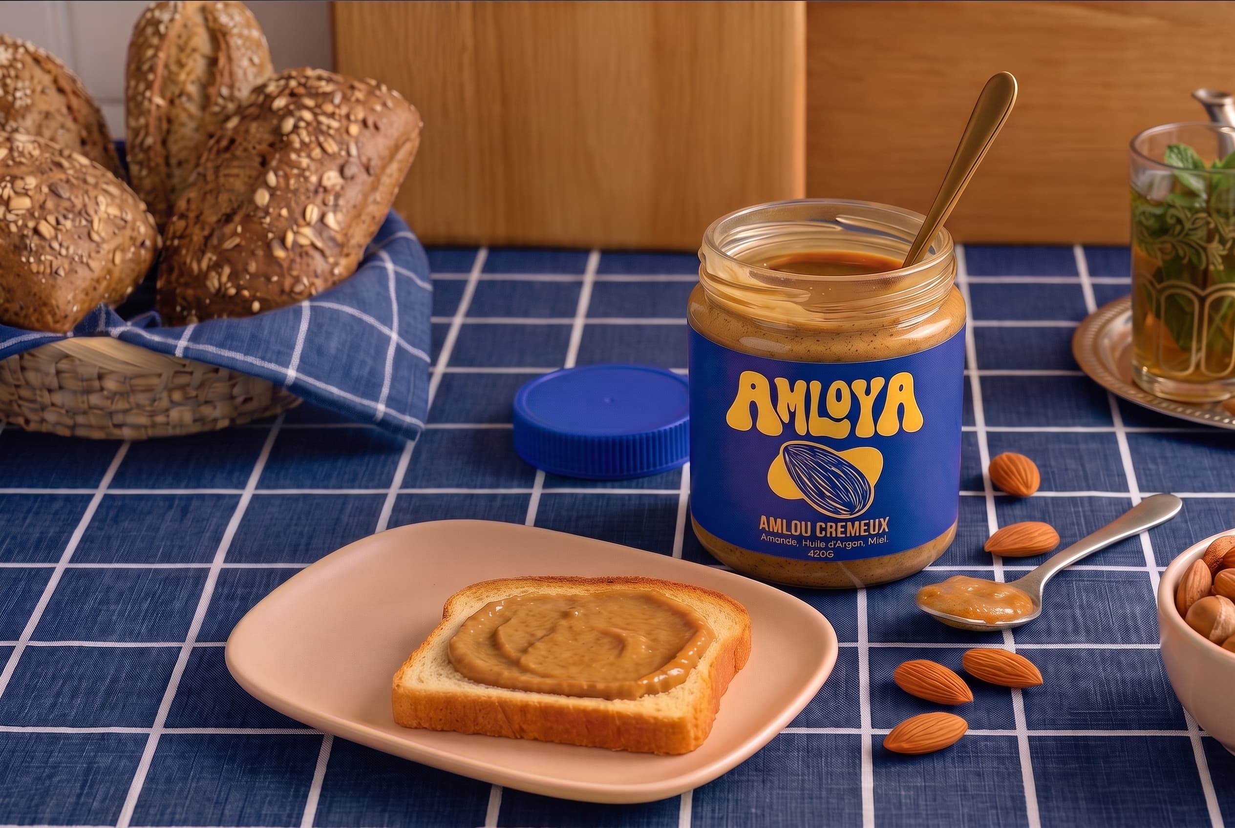 Pot AMLOYA ouvert sur une table marocaine avec tartine d'amlou, thé à la menthe et amandes