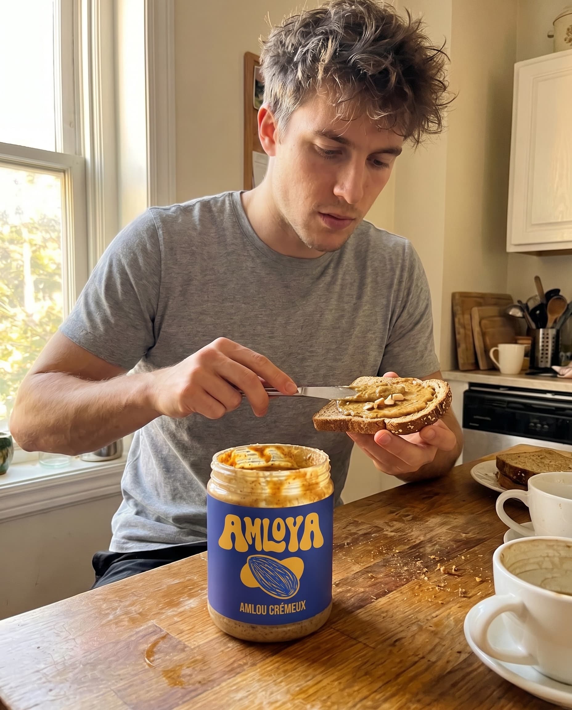 Client tartinant de l'amlou sur un toast au petit-déjeuner