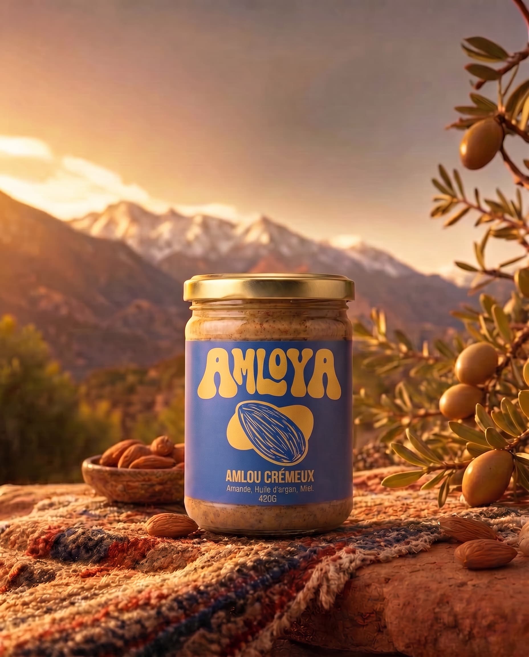 Pot AMLOYA devant les sommets enneigés de l'Atlas au coucher du soleil