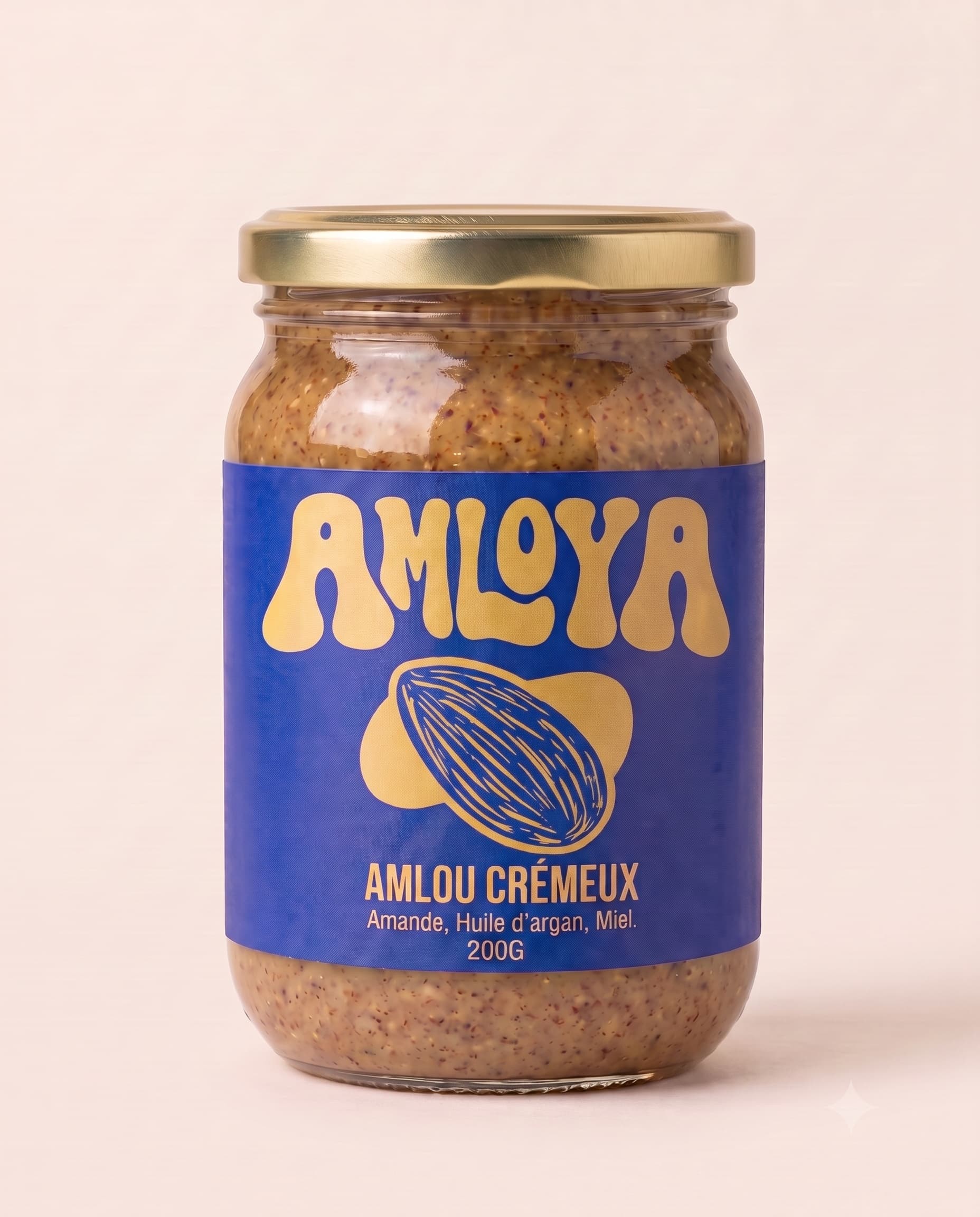 Packshot studio du pot AMLOYA d'amlou crémeux sur fond crème